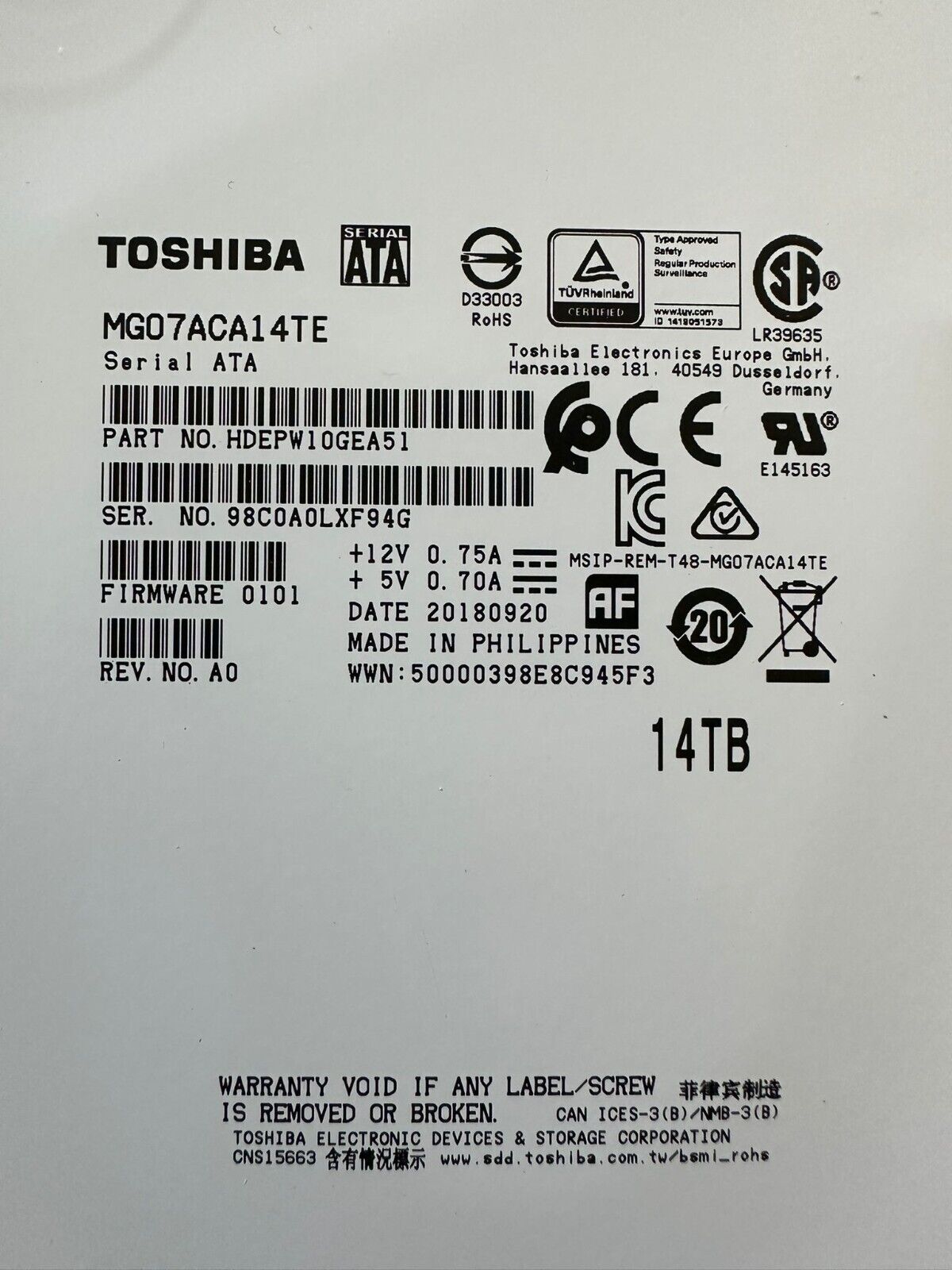 Toshiba MG Serie 14TB 3.5" SATA HDD Festplatte, Data centre, 7.200rpm, refurbished